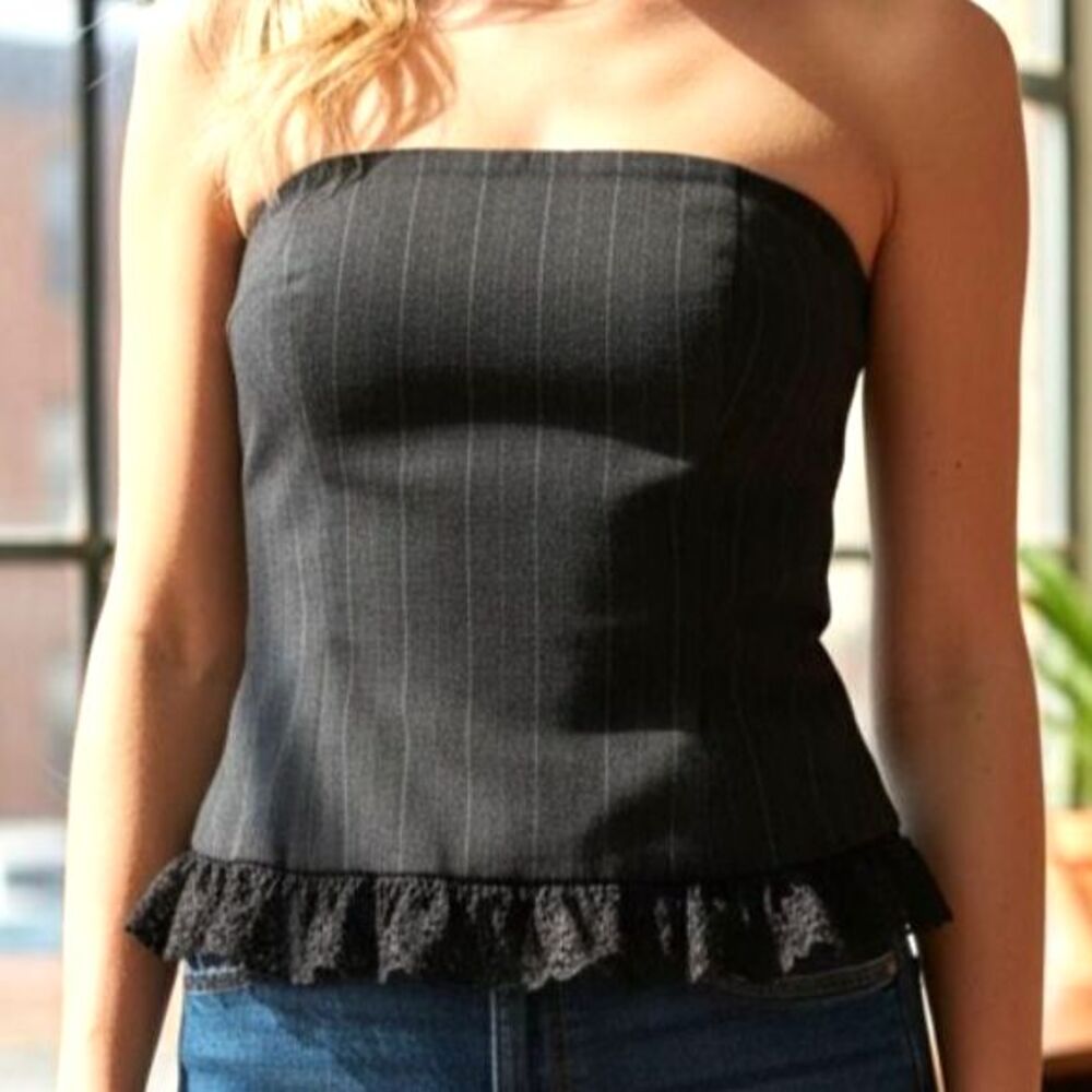 Atousa Pinstripe Strapless Corset Top M Lace Hem Office Siren Bustier